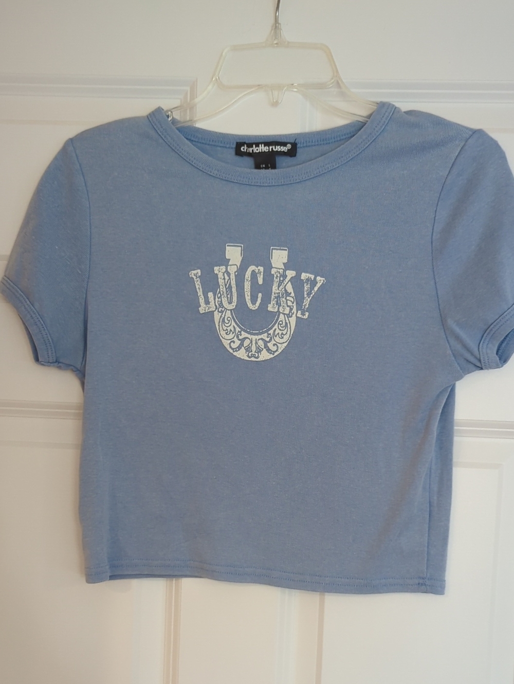 Charlotte Russe Baby Blue 'Lucky' Horseshoe Crop Tee
